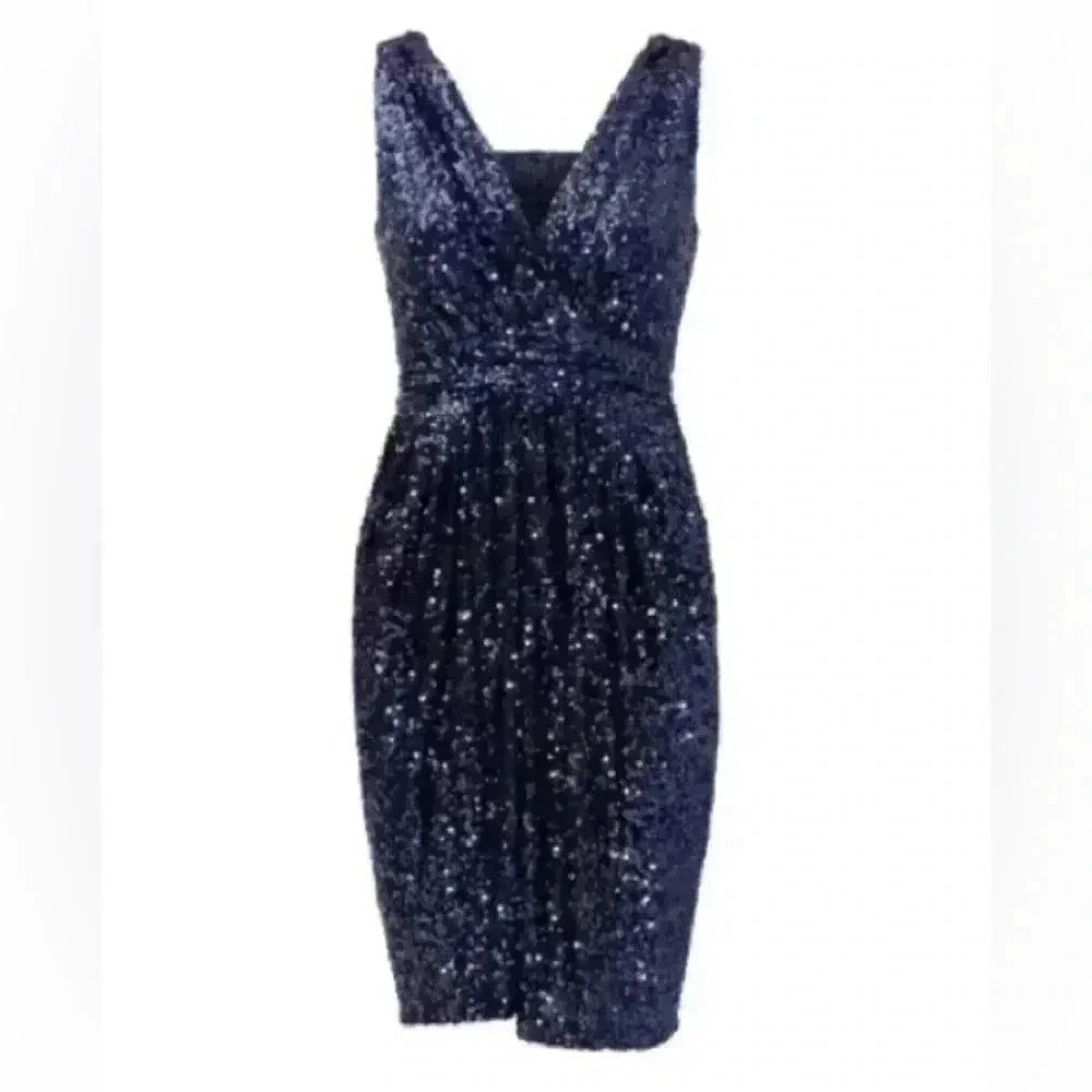 Badgley Mischka Blue Sequin V Neck Dress